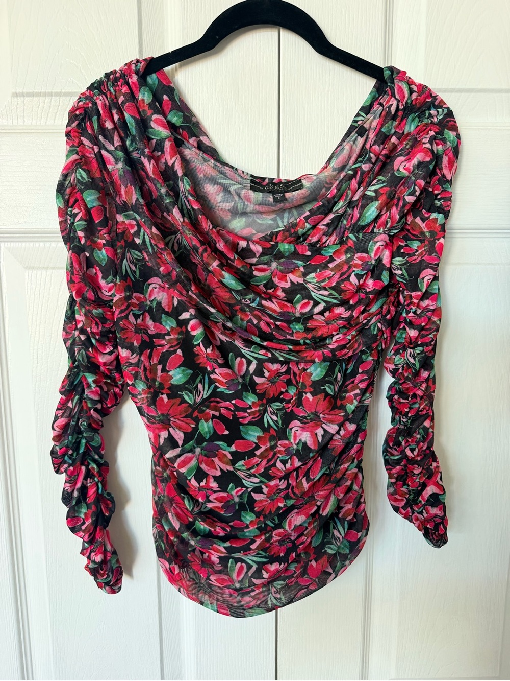 Guess Floral Ruched Cowl Neck Blouse - Pink & Green